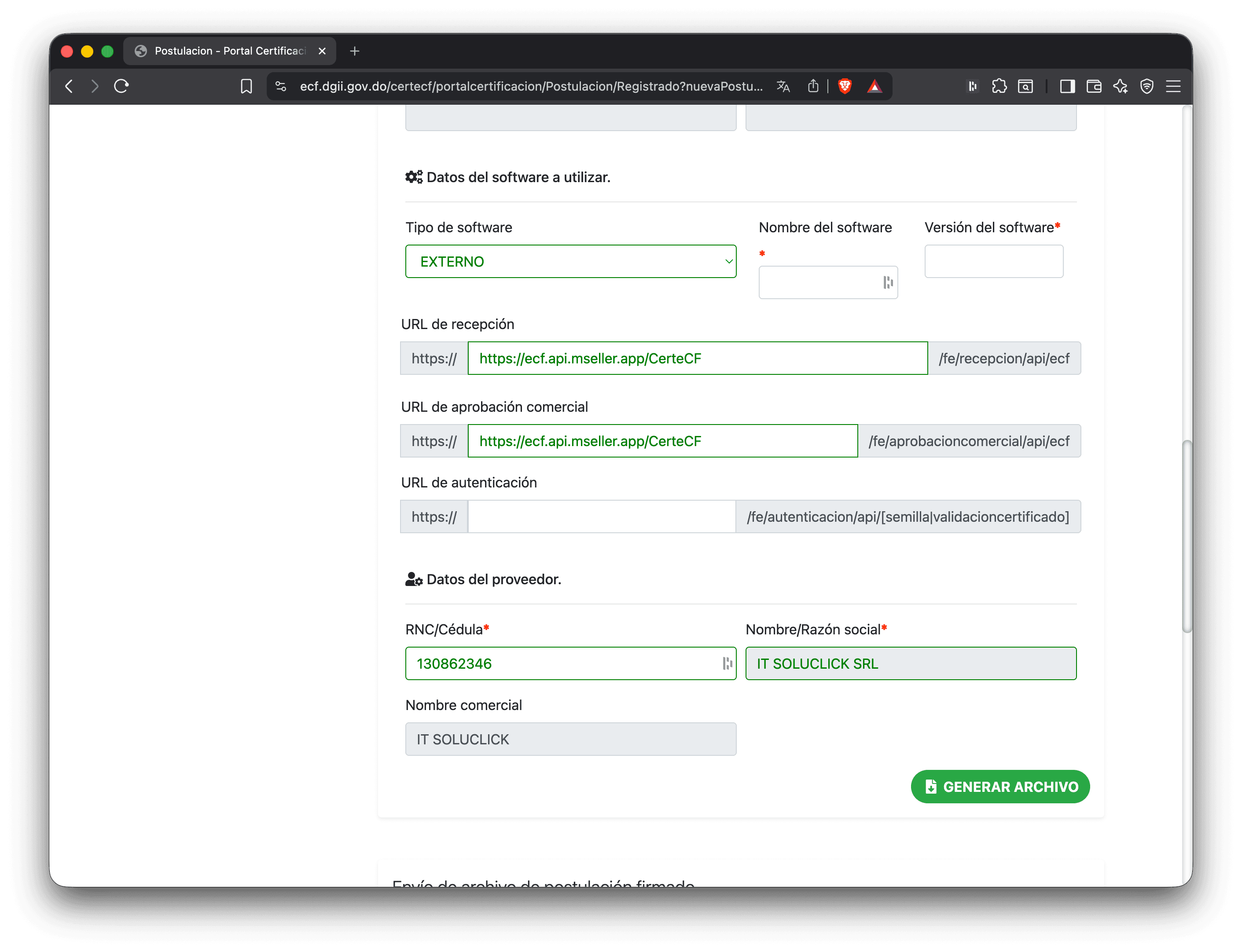 Datos del software y del proveedor en el portal DGII